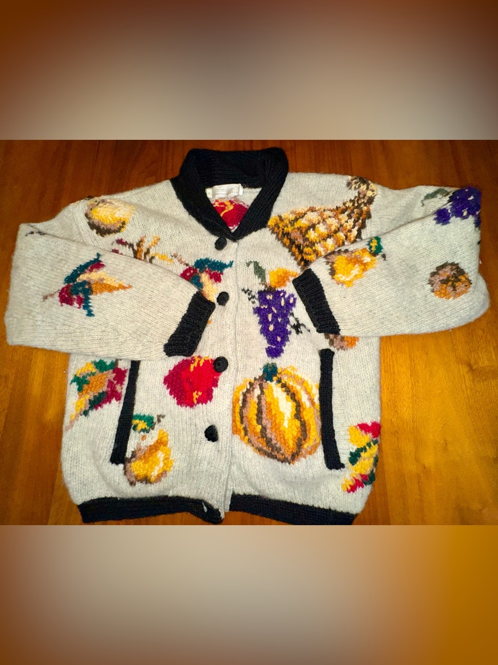Vintage The Eagle’s Eye Cozy Wool Fall Cardigan, Pumpkins, Fruit